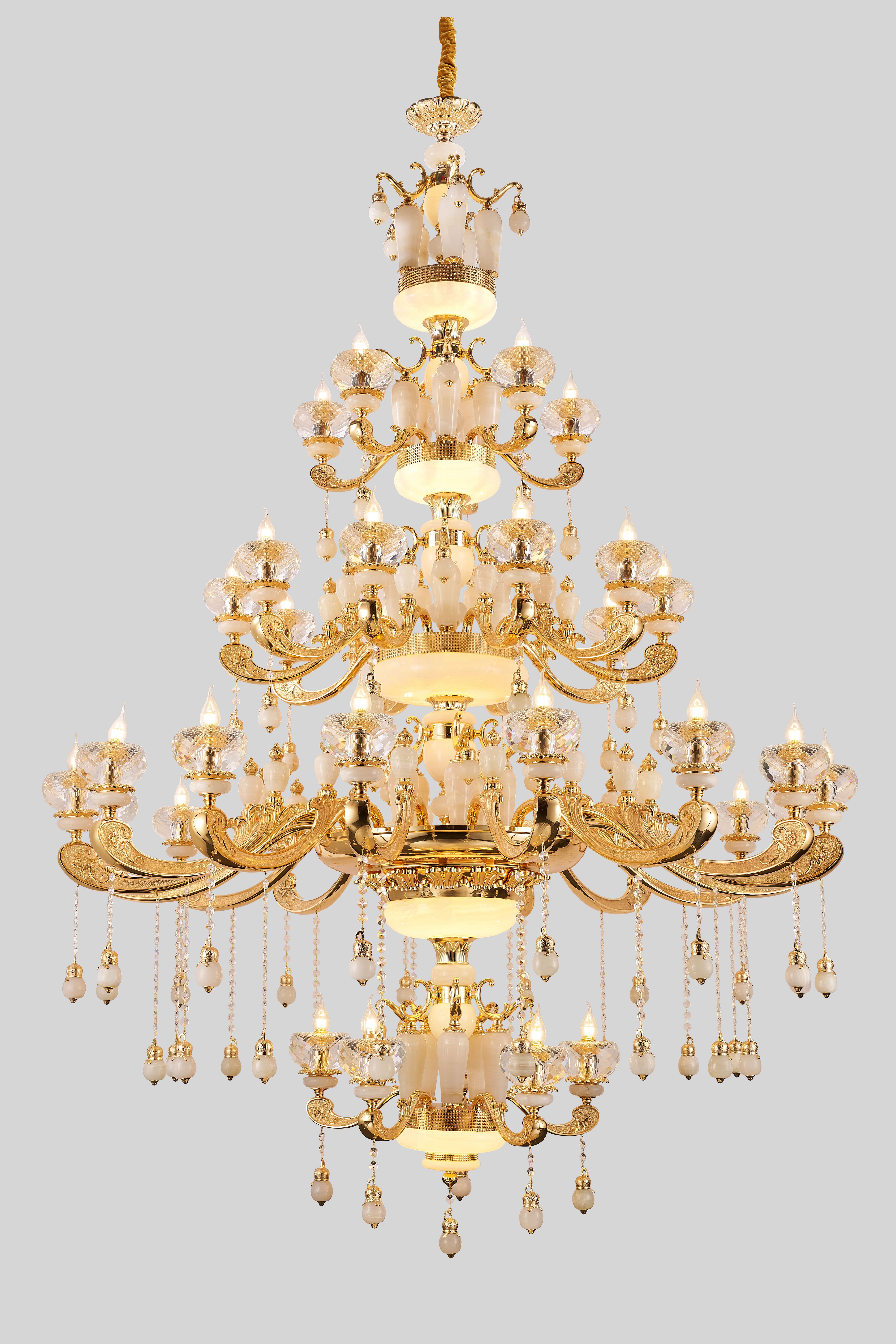 French Gold Brass White Jade Crystal Chandelier for Villa Foyer