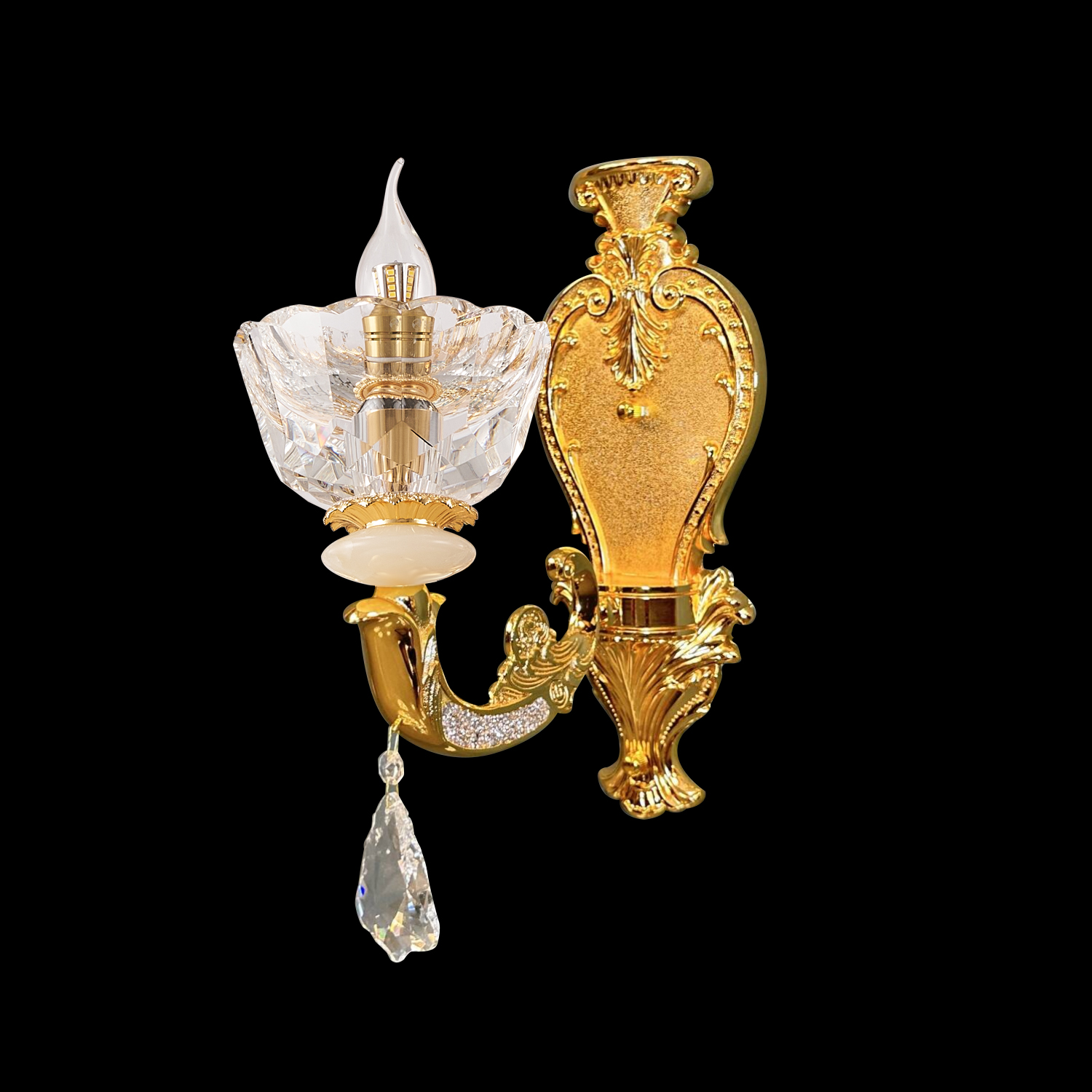 Vintage Solid Brass 1 Light Luxury Wall Light Fixture with Natural White Jade Accent, Cut Crystal Drop and Lotus Flower Glass Shade, Polish Gold Color