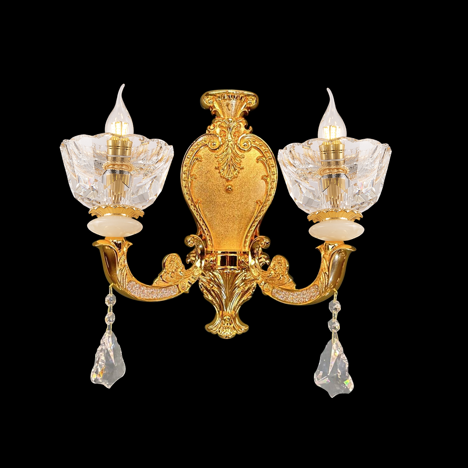 Vintage Solid Brass 1 Light Luxury Wall Light Fixture with Natural White Jade Accent, Cut Crystal Drop and Lotus Flower Glass Shade, Polish Gold Color