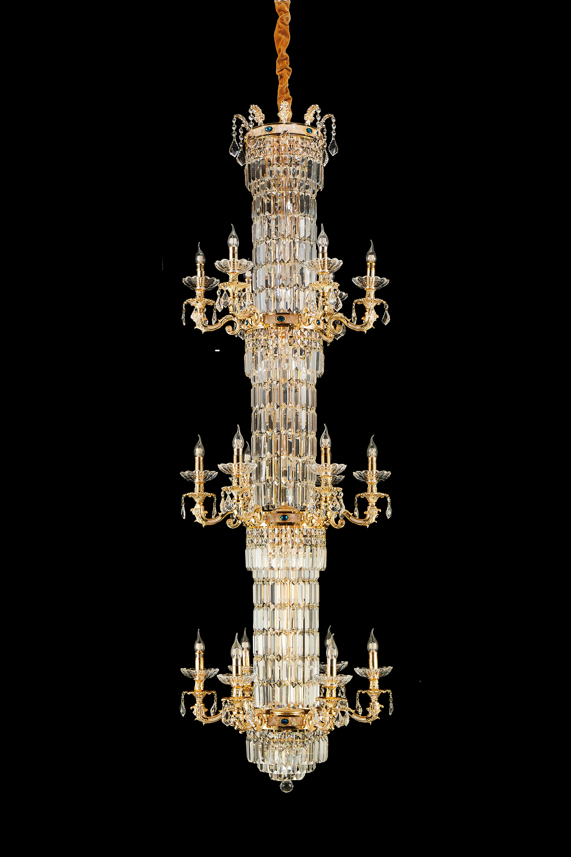 Long three layers staircase golden brass crystal chandelier