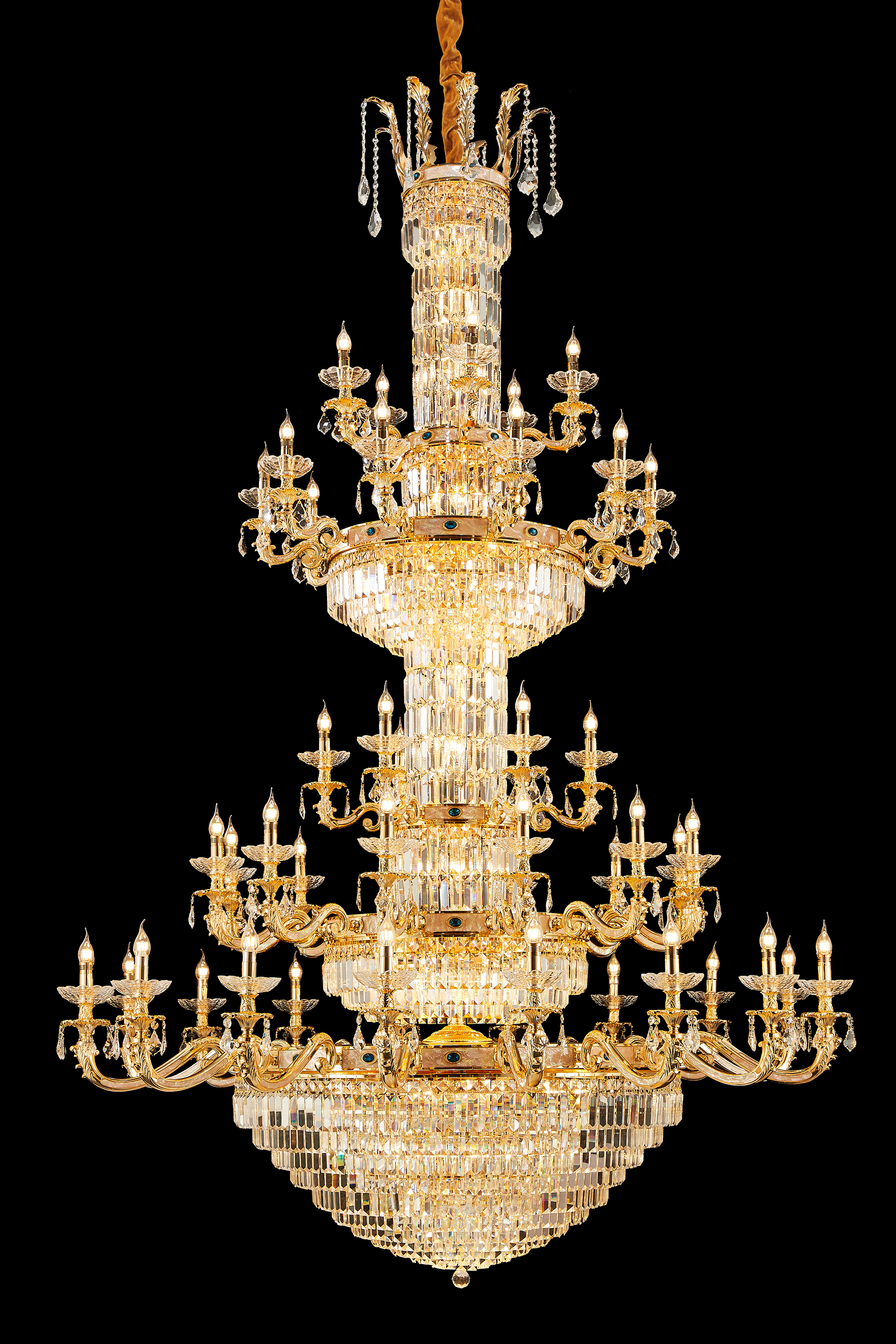 Double height long five layers golden brass crystal chandelier for entrance/living/foyer