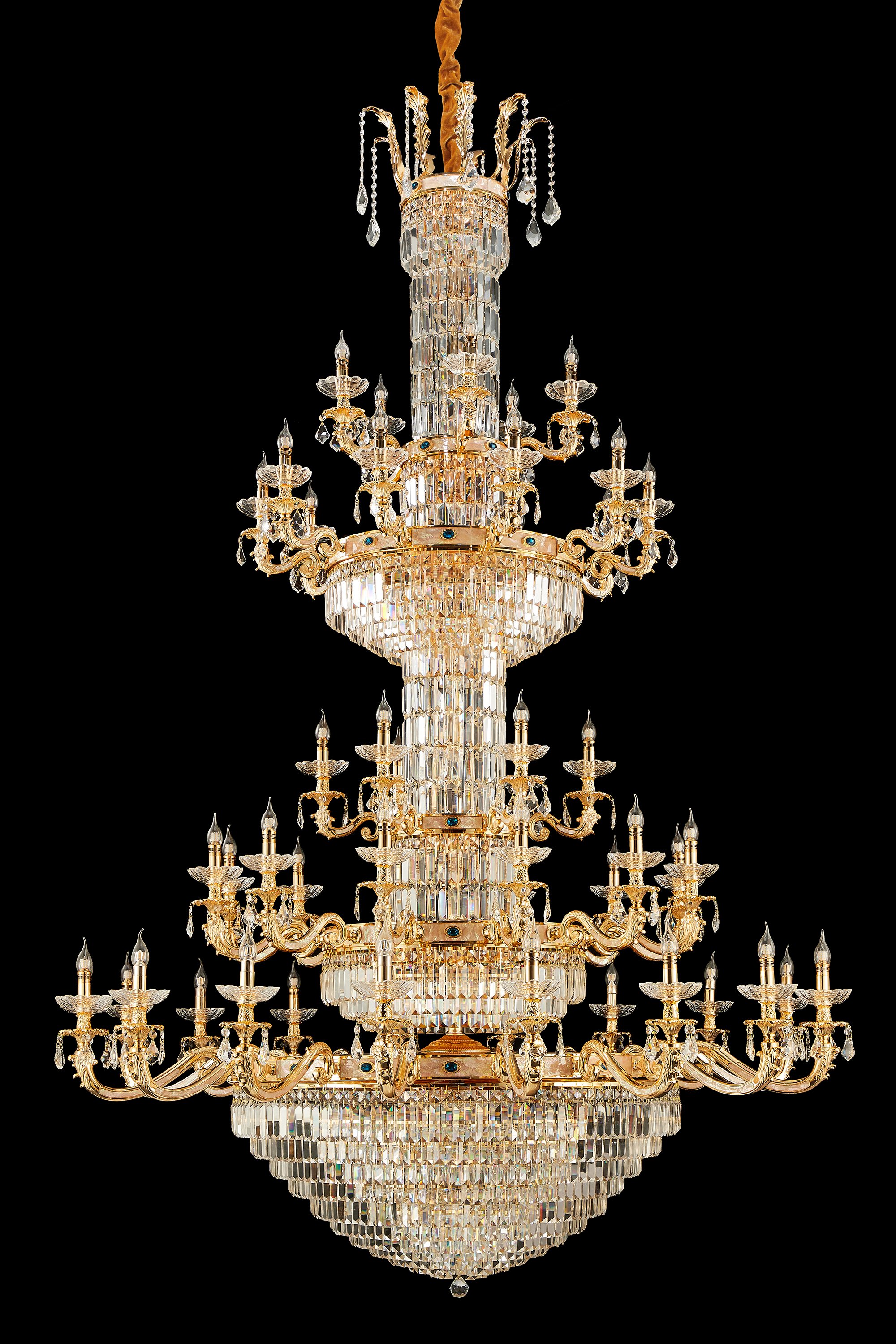 Double height long five layers golden brass crystal chandelier for entrance/living/foyer