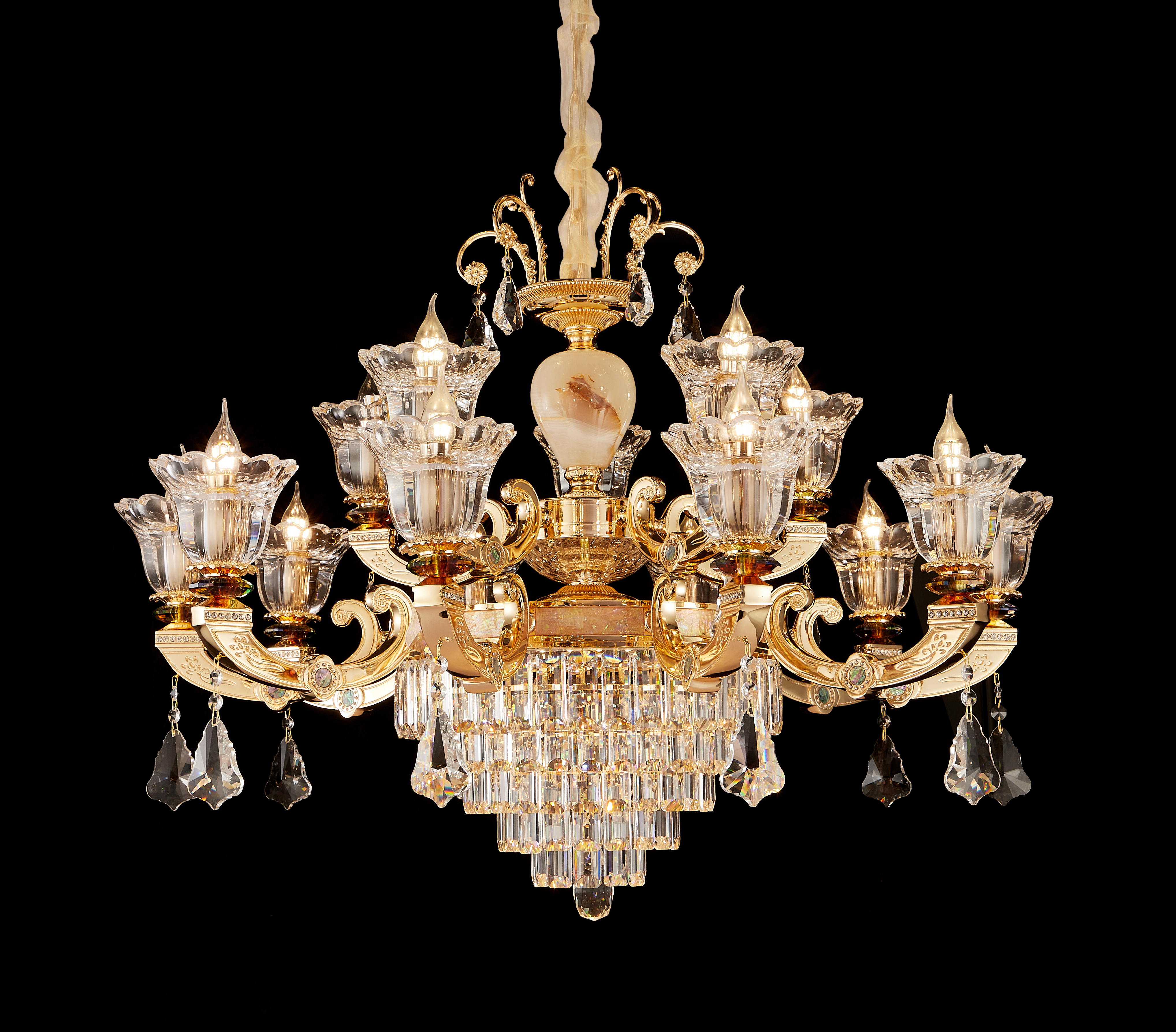 Brass Crystal White Jade Chandelier for Villa & Hotel