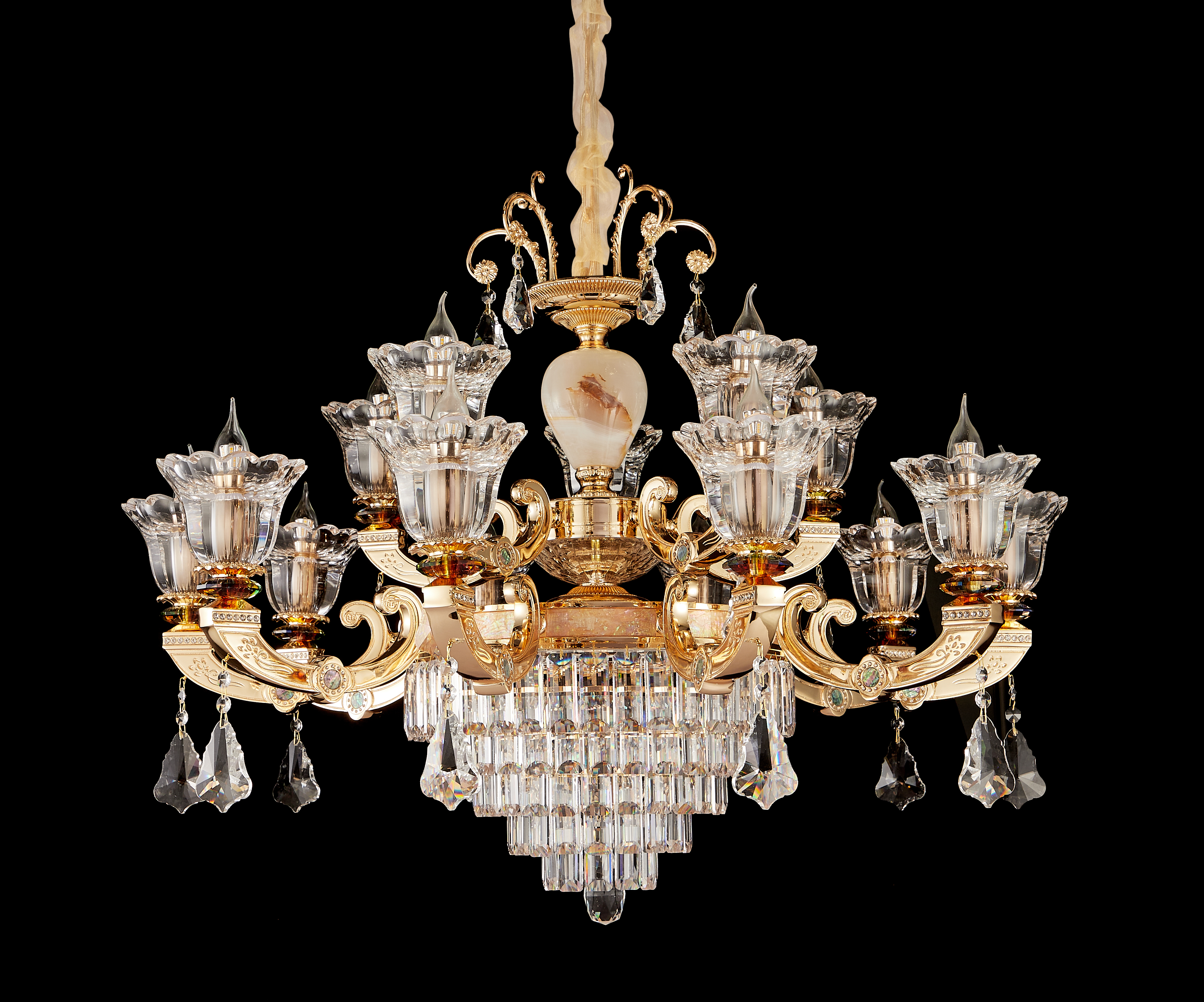 Brass Crystal White Jade Chandelier for Villa & Hotel