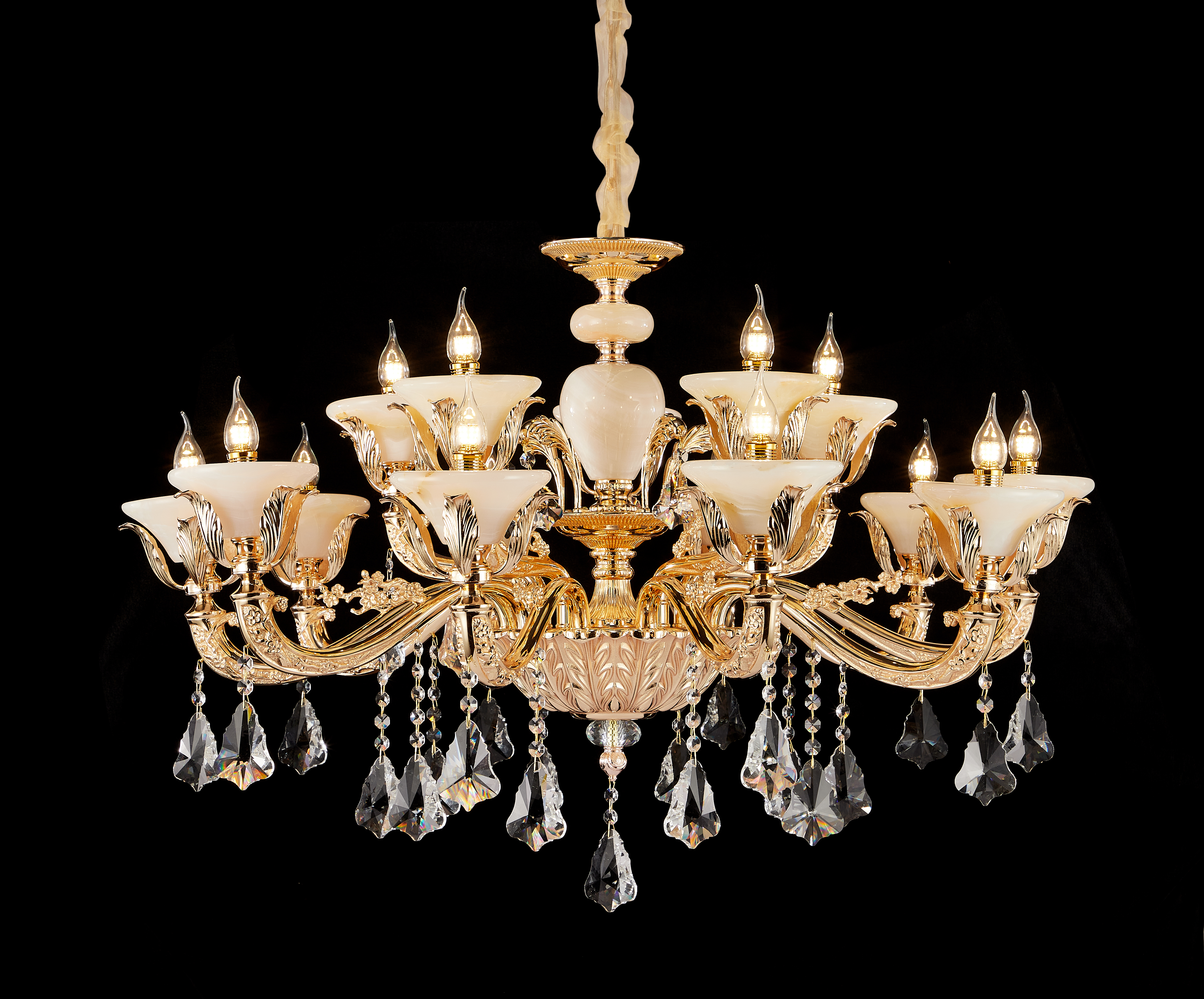 Brass Crystal Afghan White Jade Chandelier for Villa & Hotel