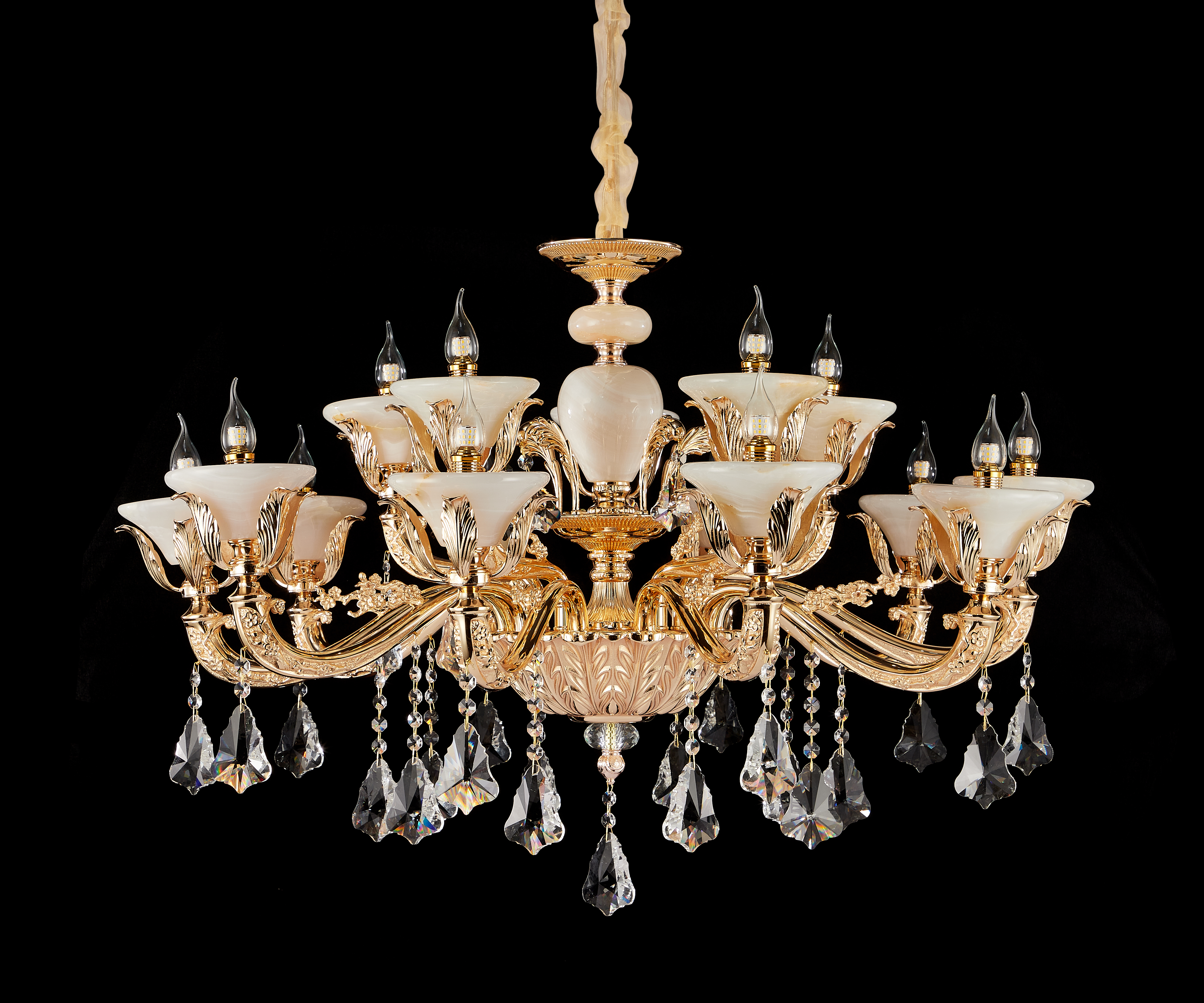 Brass Crystal Afghan White Jade Chandelier for Villa & Hotel