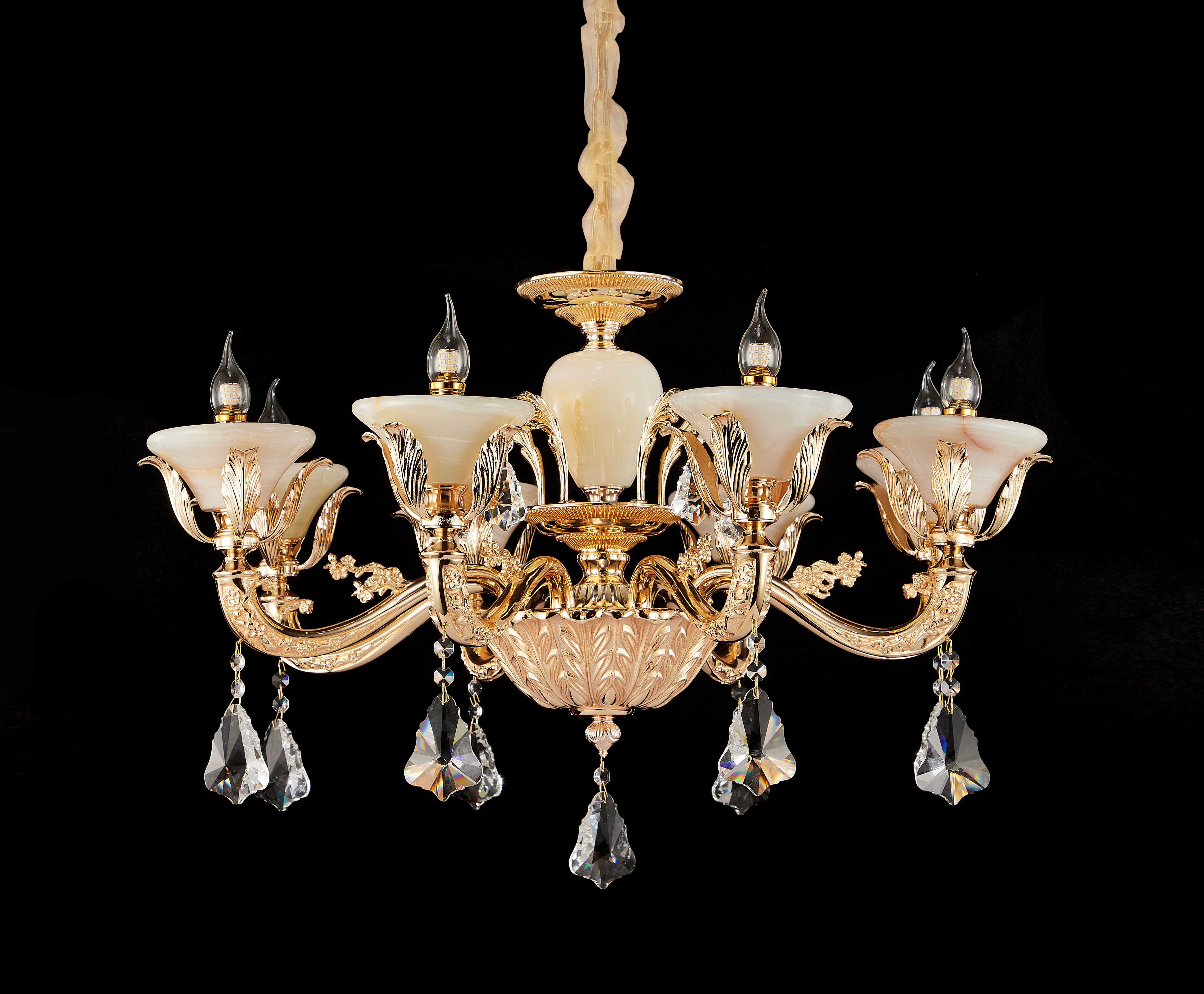 Brass Crystal Afghan White Jade Chandelier for Villa & Hotel