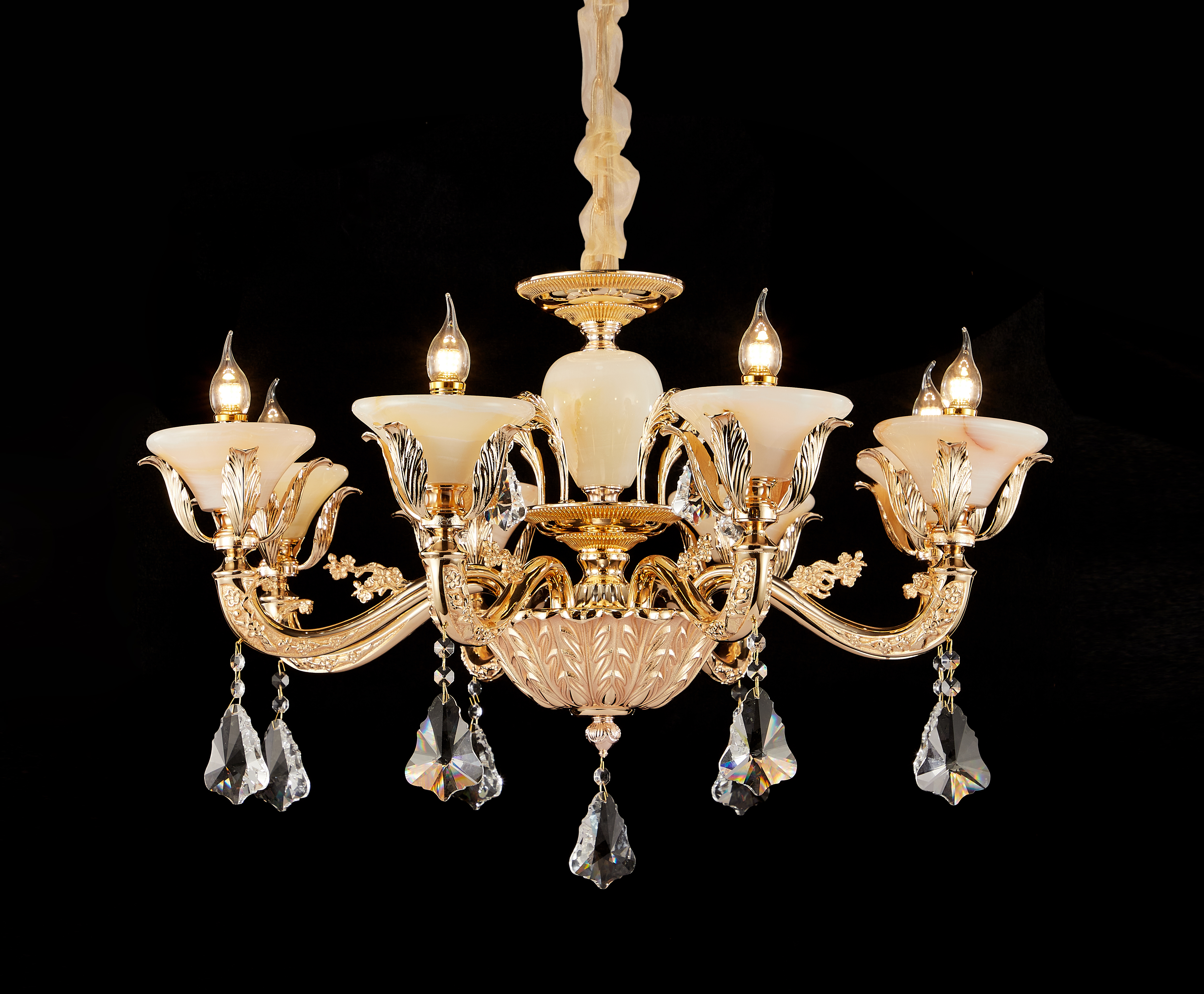 Brass Crystal Afghan White Jade Chandelier for Villa & Hotel