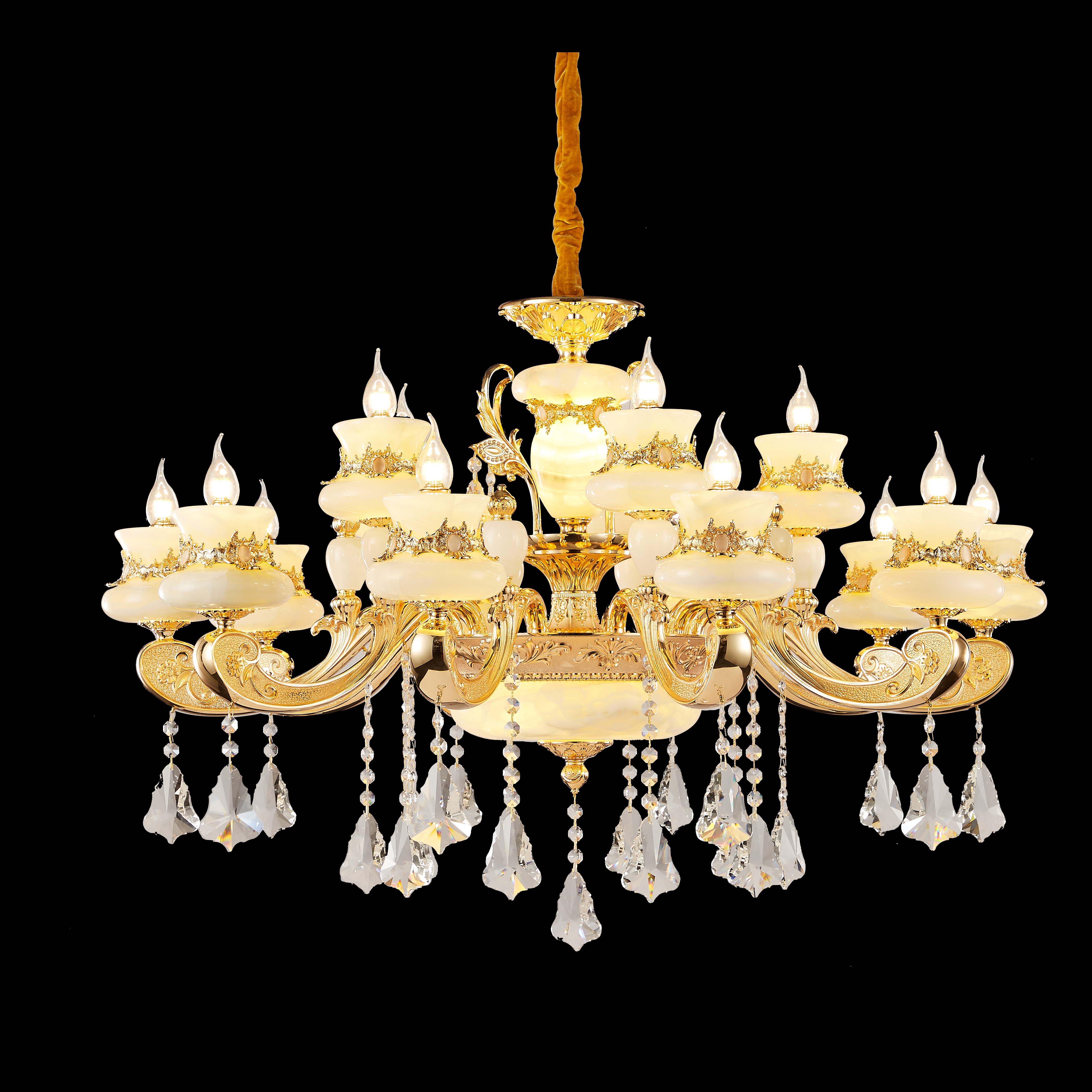  Luxury Gold Brass Chandelier with Natural White Jade & Crystal