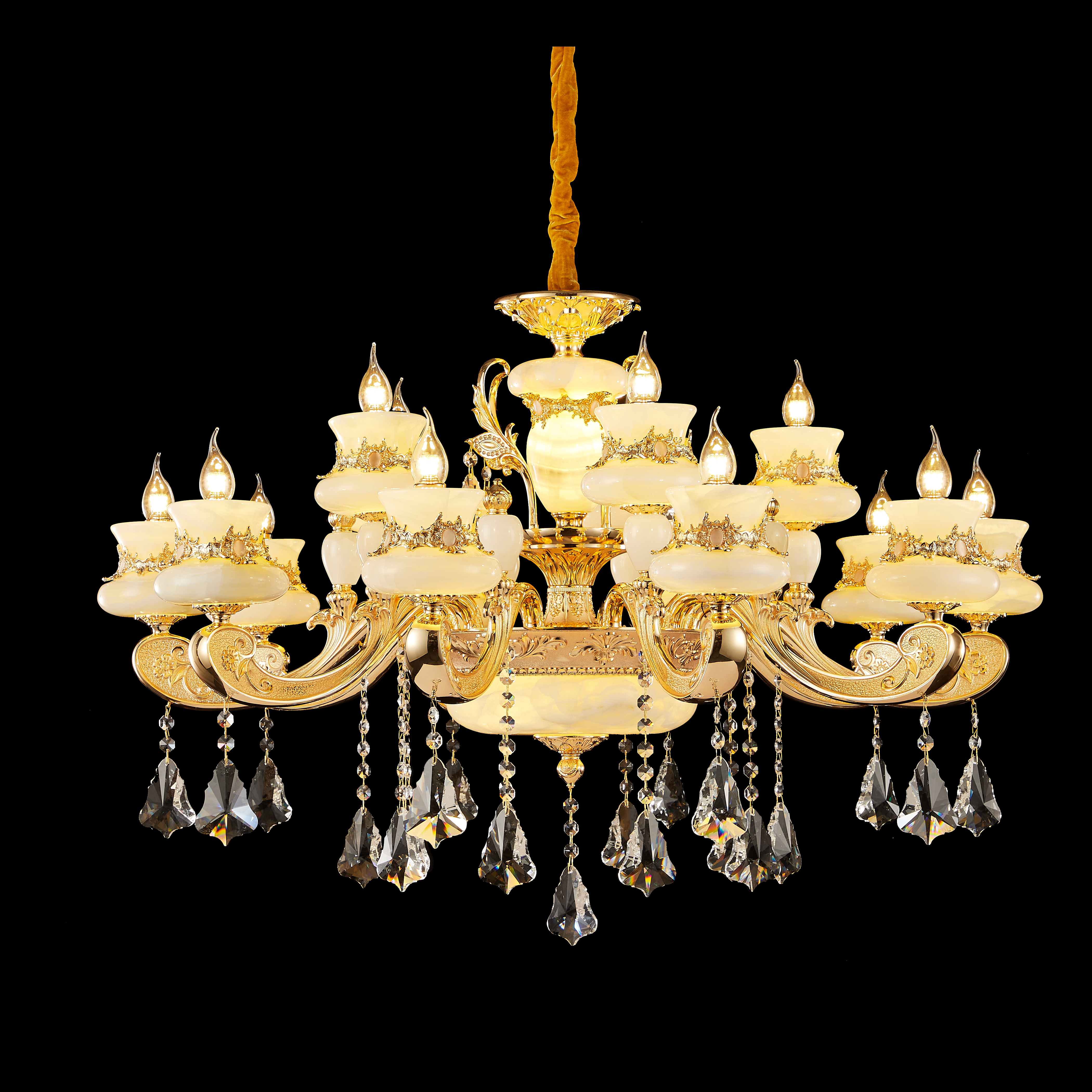  Luxury Gold Brass Chandelier with Natural White Jade & Crystal