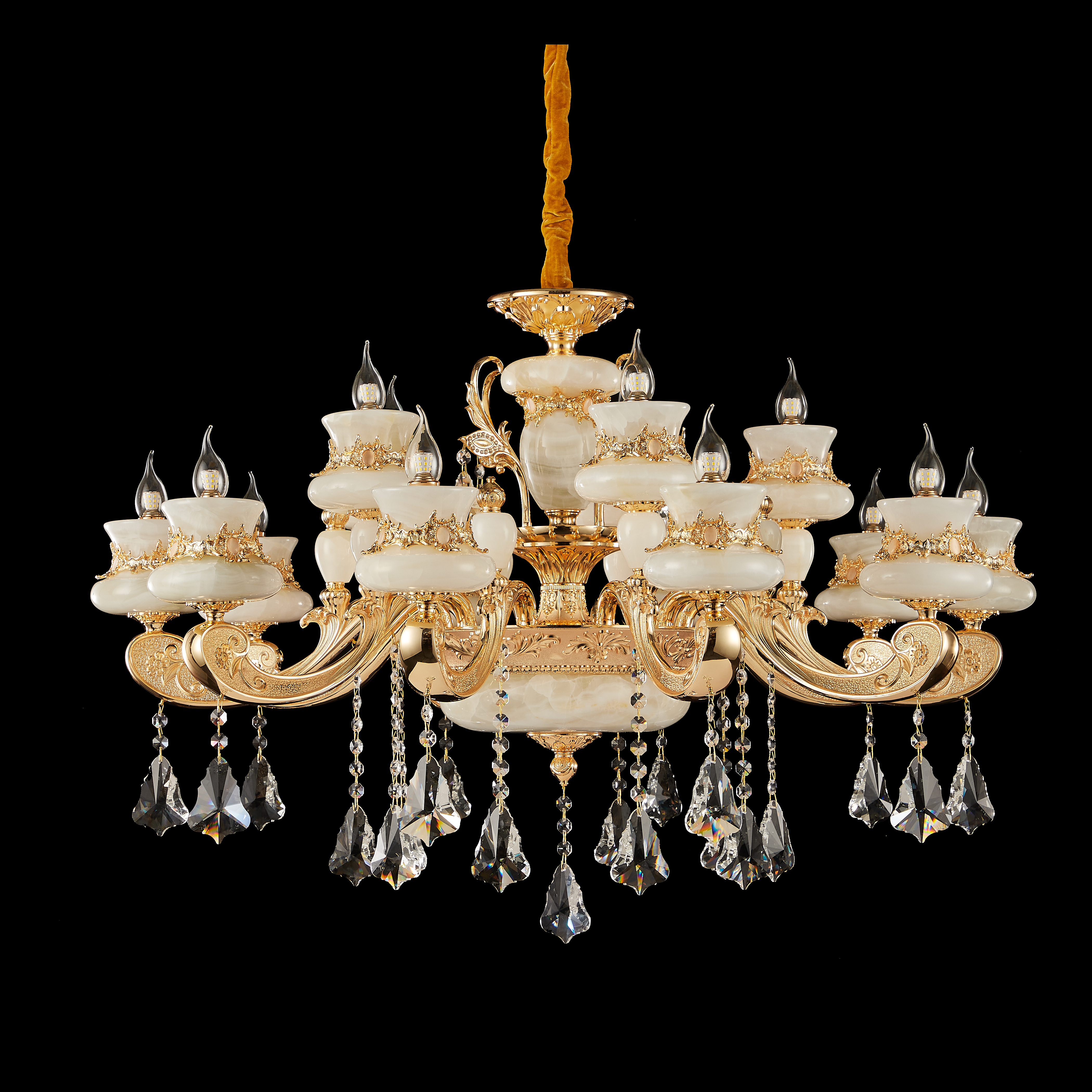  Luxury Gold Brass Chandelier with Natural White Jade & Crystal