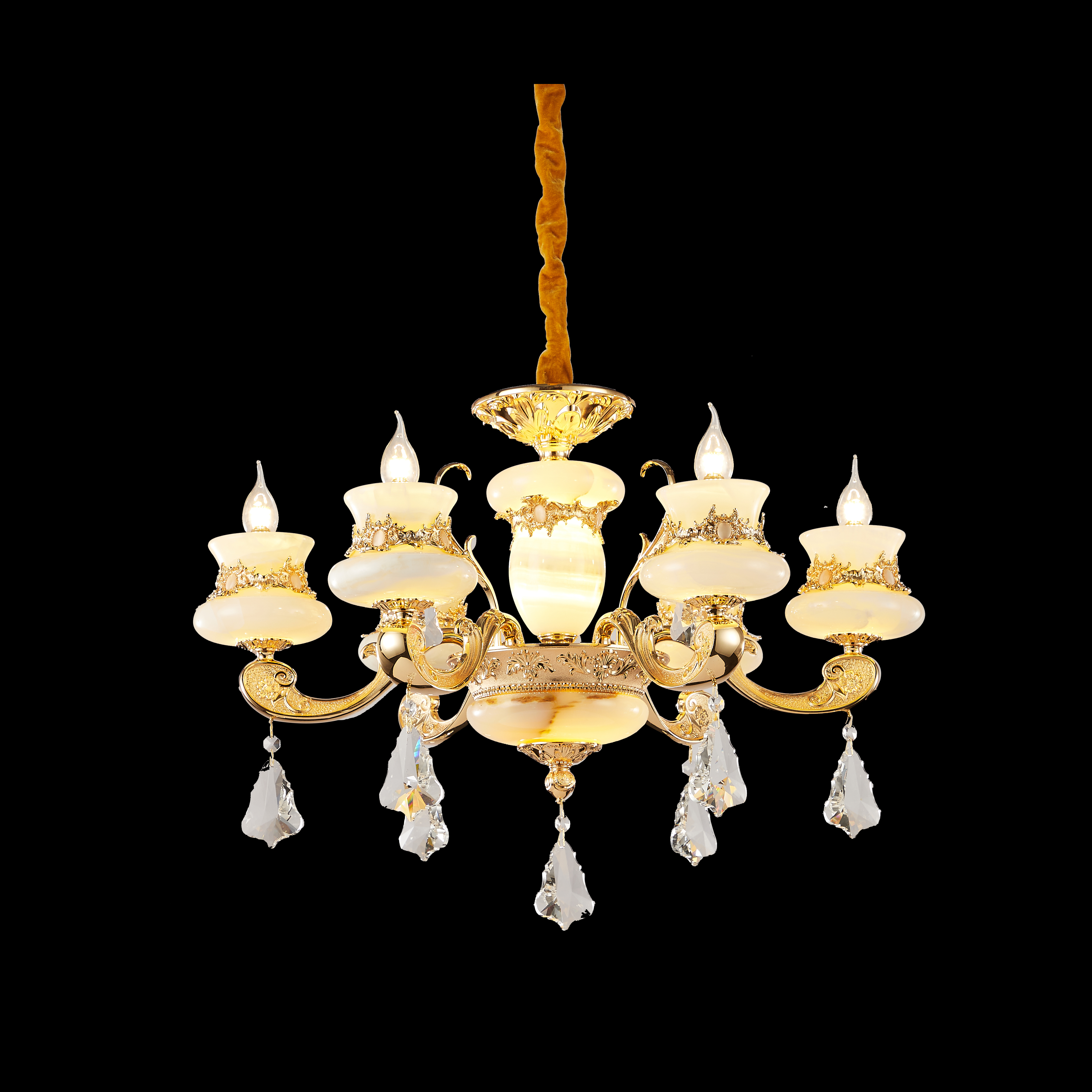  Luxury Gold Brass Chandelier with Natural White Jade & Crystal