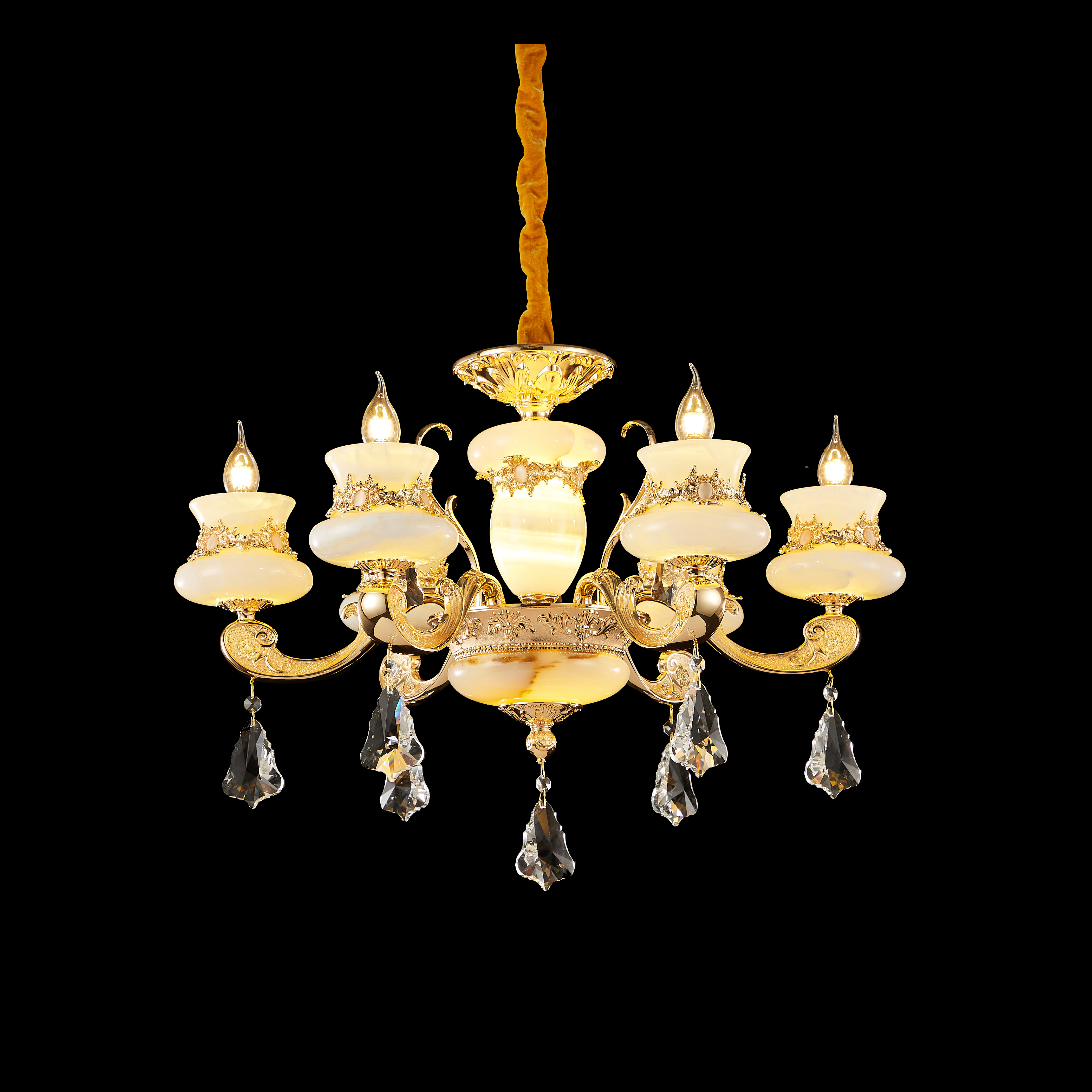  Luxury Gold Brass Chandelier with Natural White Jade & Crystal