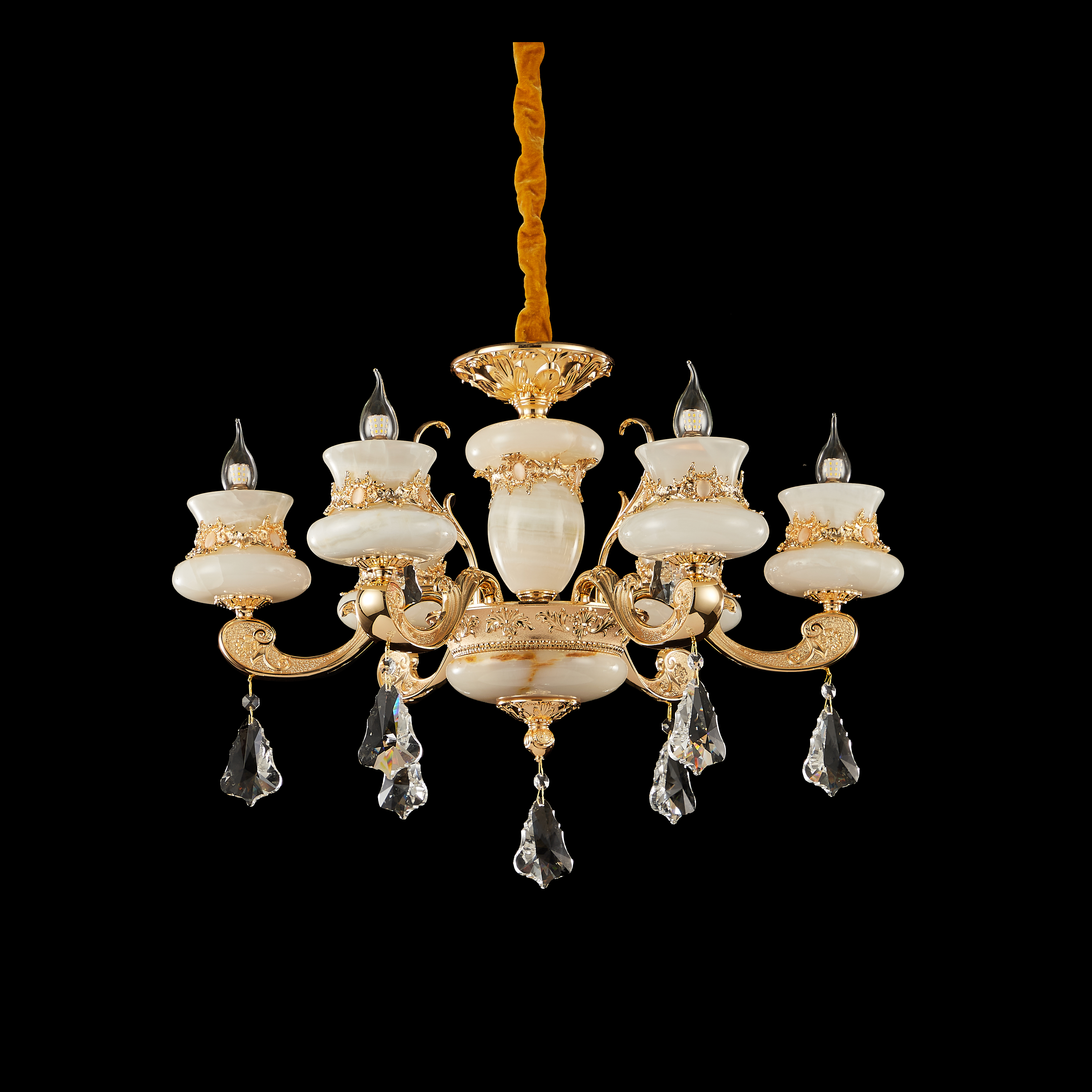  Luxury Gold Brass Chandelier with Natural White Jade & Crystal