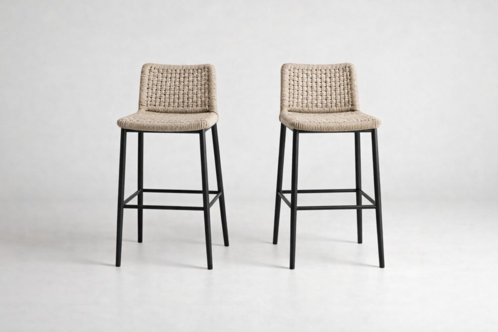 Set of 2 Bar Stools with Woven Rope Seat and Aluminum Frame Beige/Black-Aurasso