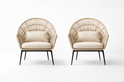 Set of 2 Wicker Lounge Chairs with Cushions Beige-Aurasso