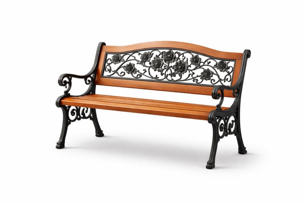 Steel and Wood Outdoor Bench with Decorative Backrest-Homelucira