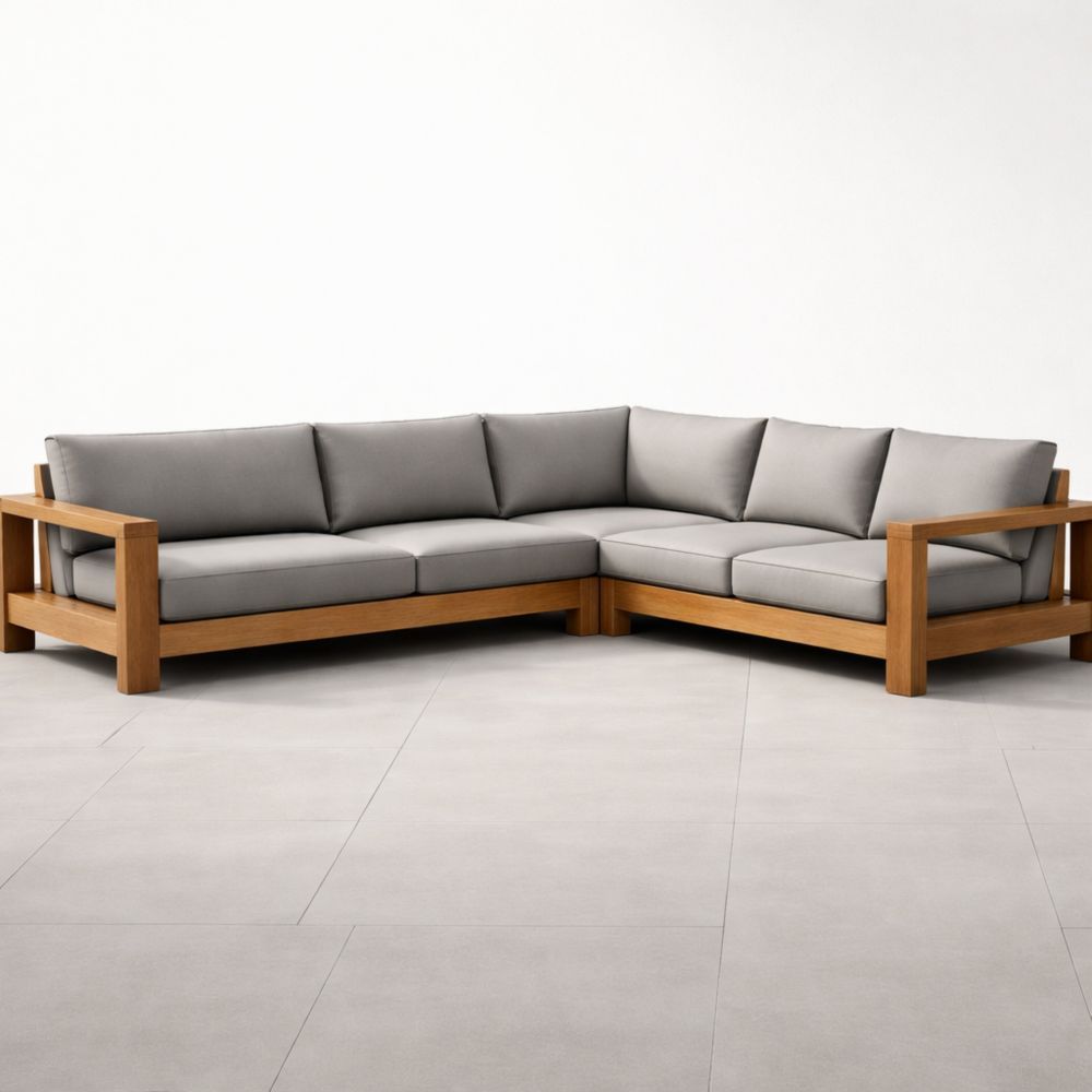 Teak Wood Outdoor Corner Sectional Sofa with Light Gray Cushions-Homelucira