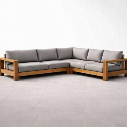 Teak Wood Outdoor Corner Sectional Sofa with Light Gray Cushions-Homelucira