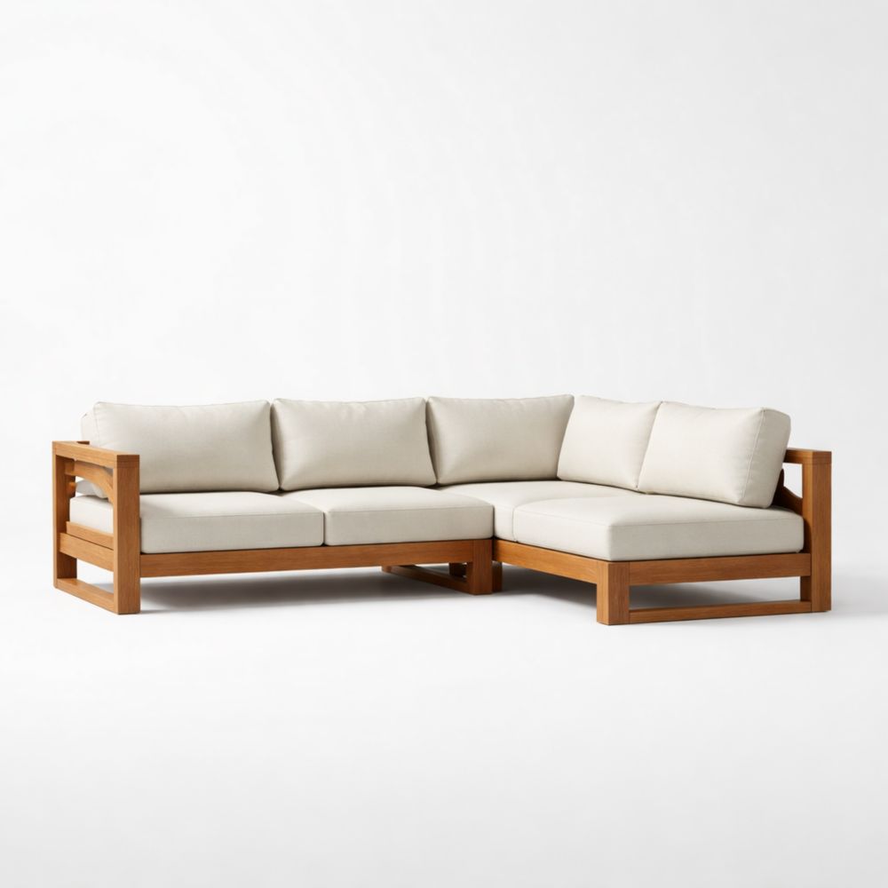 Teak Wood Sectional Sofa with Beige Cushions-Homelucira