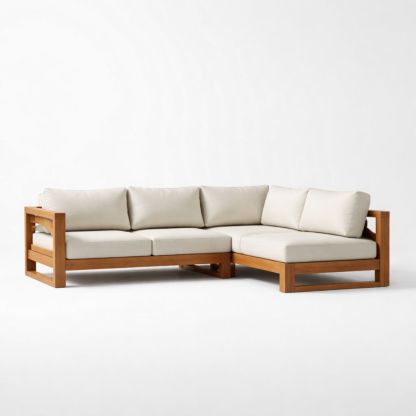 Teak Wood Sectional Sofa with Beige Cushions-Homelucira