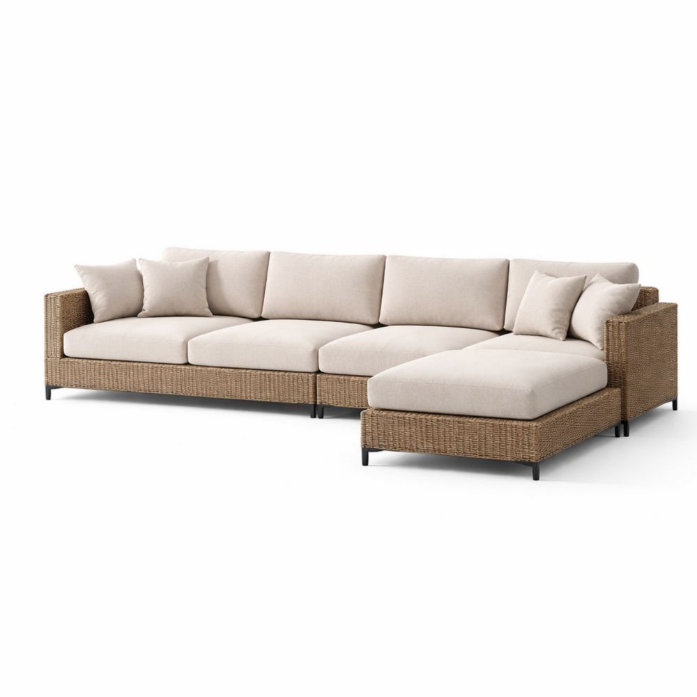 Wicker Sectional Sofa with Beige Cushions-Homelucira