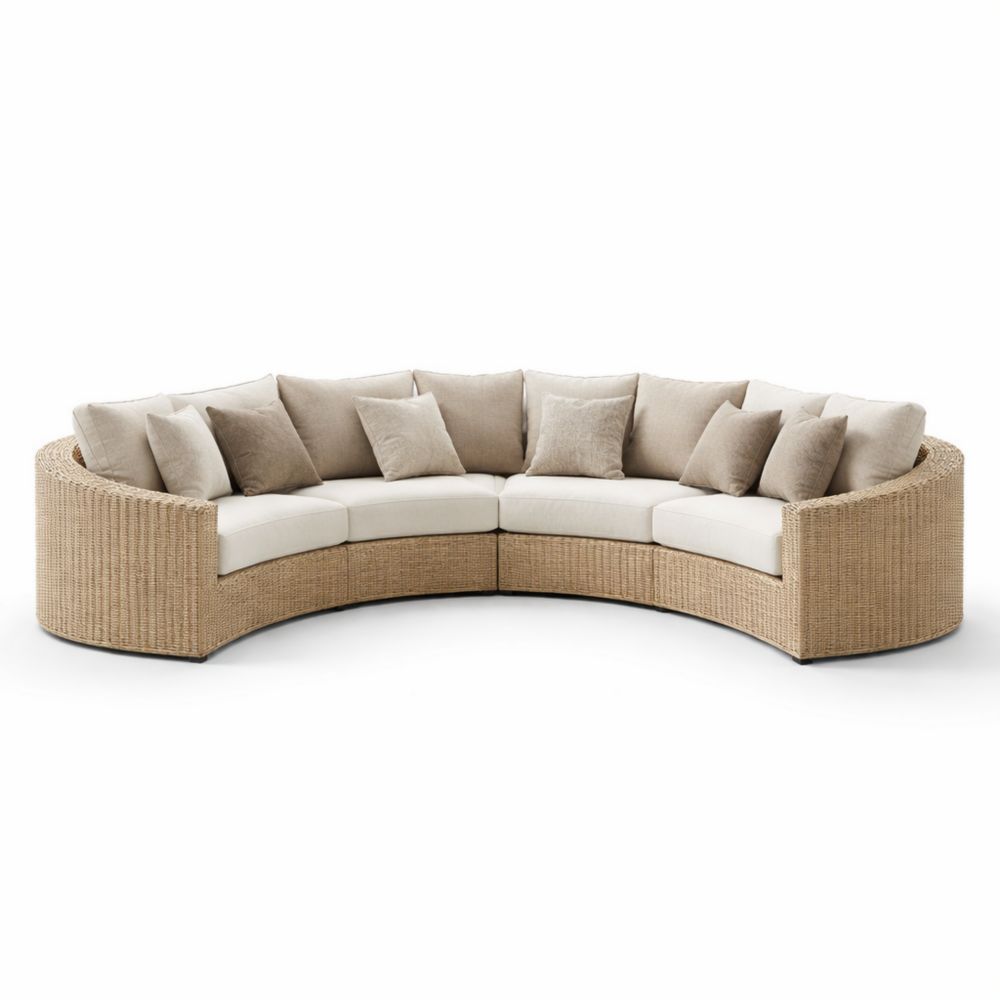 Curved Rattan Wicker Sectional Sofa with Beige Cushions-Homelucira