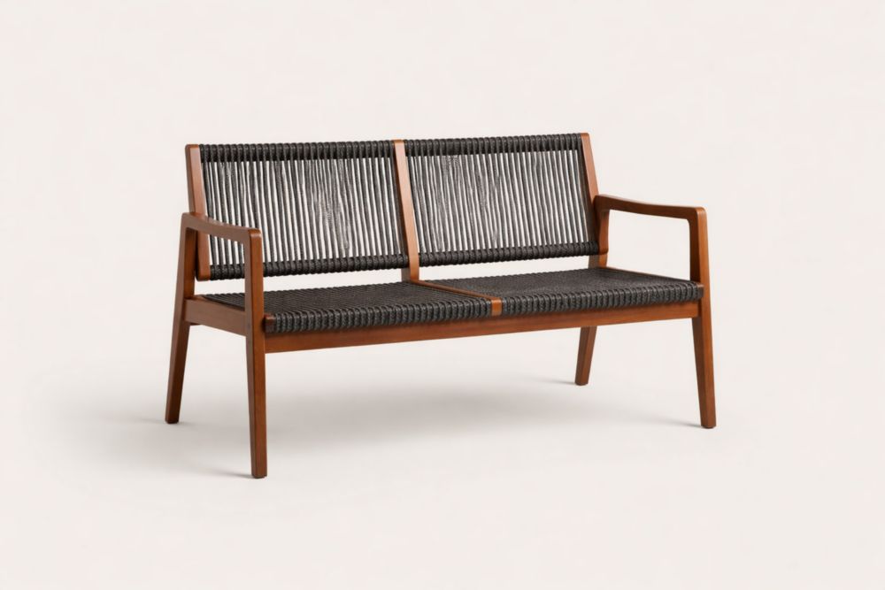 Acacia wood Frame Rope Woven 2-Seater Outdoor Bench Black/Brown-Homelucira