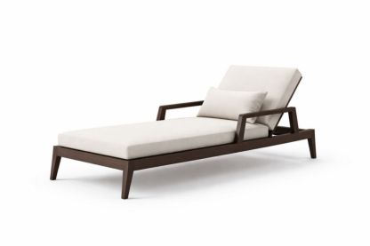 Solid wood Outdoor Chaise Lounge with Adjustable Backrest and Beige Polyester Cushions-Homelucira