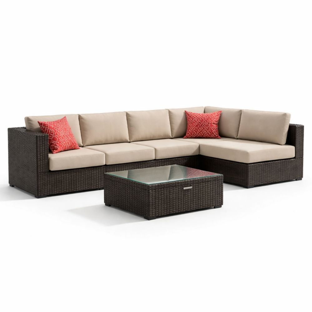 Outdoor Sectional Sofa Set Wicker Glass Top Table Beige Cushion Red Pillows-Jardinic