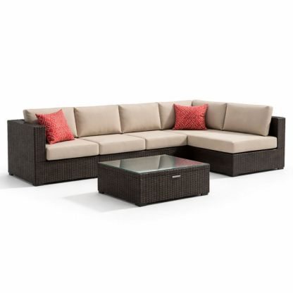 Outdoor Sectional Sofa Set Wicker Glass Top Table Beige Cushion Red Pillows-Jardinic