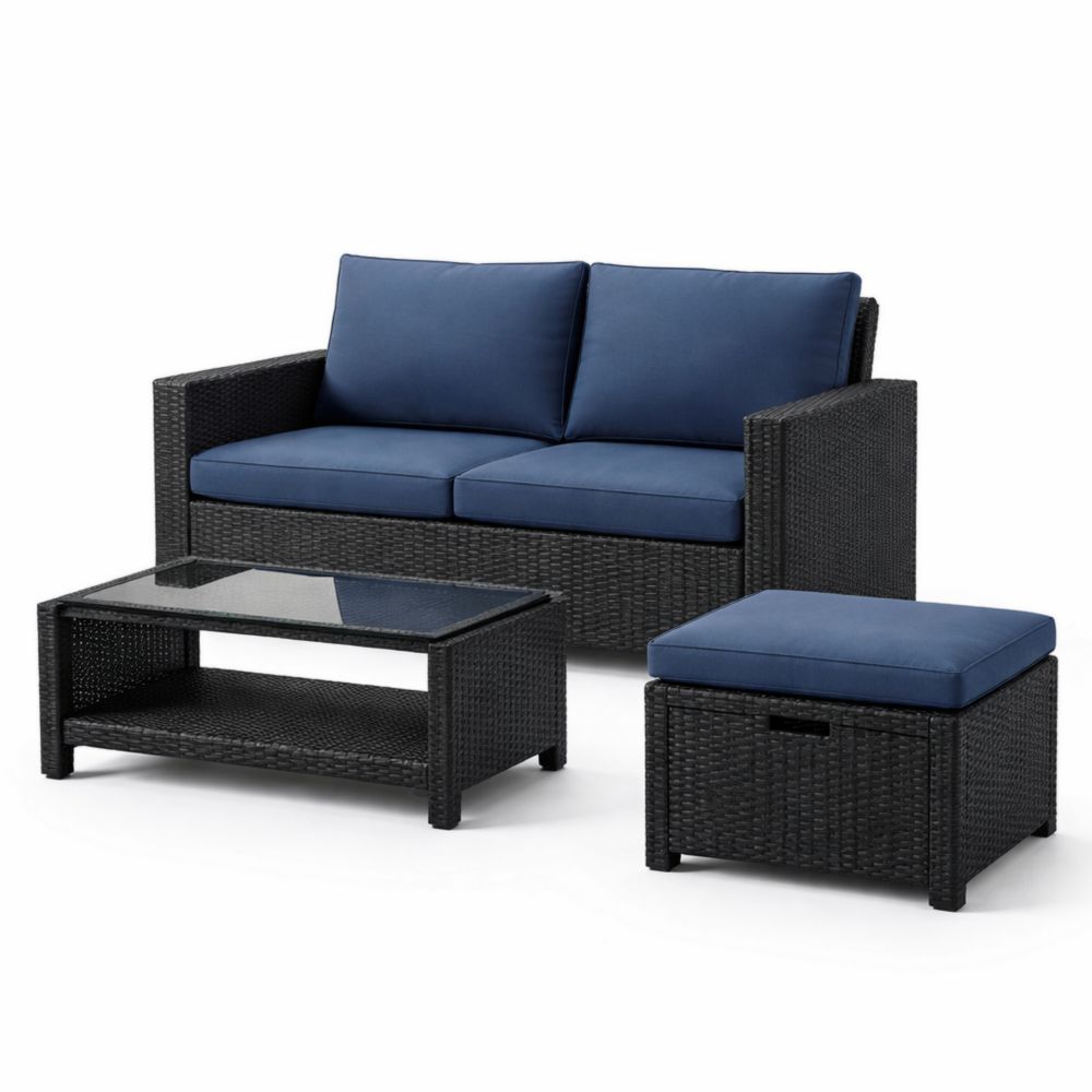 3-Piece Patio Furniture Set with Rattan Loveseat, Glass Table, and Ottoman in Black/Blue-Jardinic