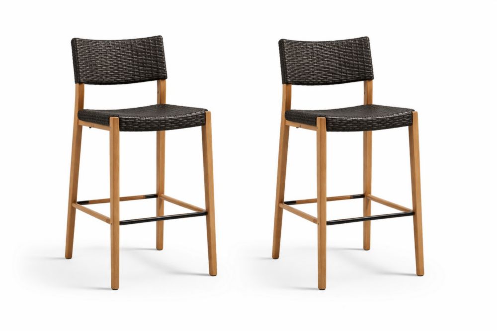 Set of 2 Bar Stools with Woven Resin Wicker Seat and Backrest-Jardinic