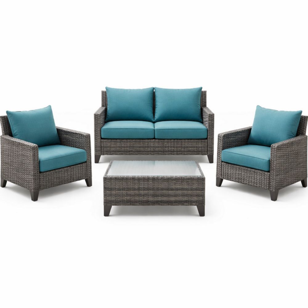 Outdoor Rattan Sofa Set with Cushions, Wicker Patio Furniture Set, Gray/Blue, Includes 2 Armchairs, 1 Loveseat, and Coffee Table-Jardinic