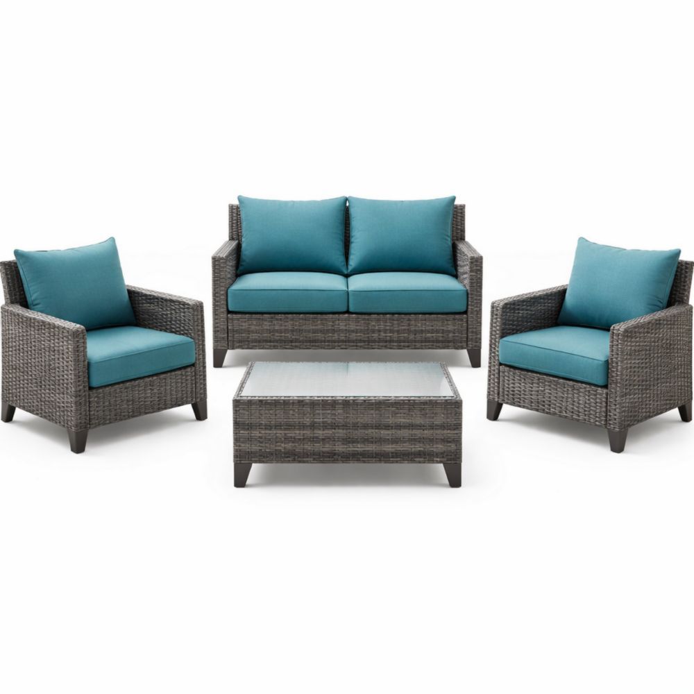 Outdoor Rattan Sofa Set with Cushions, Wicker Patio Furniture Set, Gray/Blue, Includes 2 Armchairs, 1 Loveseat, and Coffee Table-Jardinic