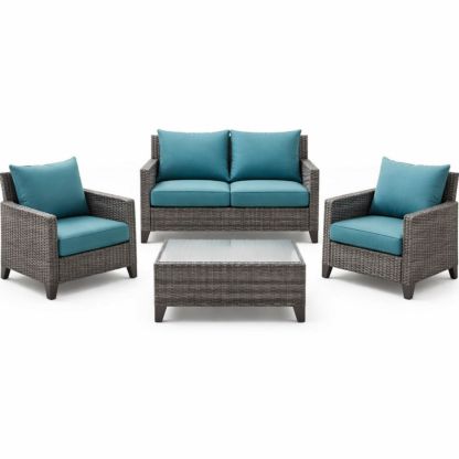 Outdoor Rattan Sofa Set with Cushions, Wicker Patio Furniture Set, Gray/Blue, Includes 2 Armchairs, 1 Loveseat, and Coffee Table-Jardinic