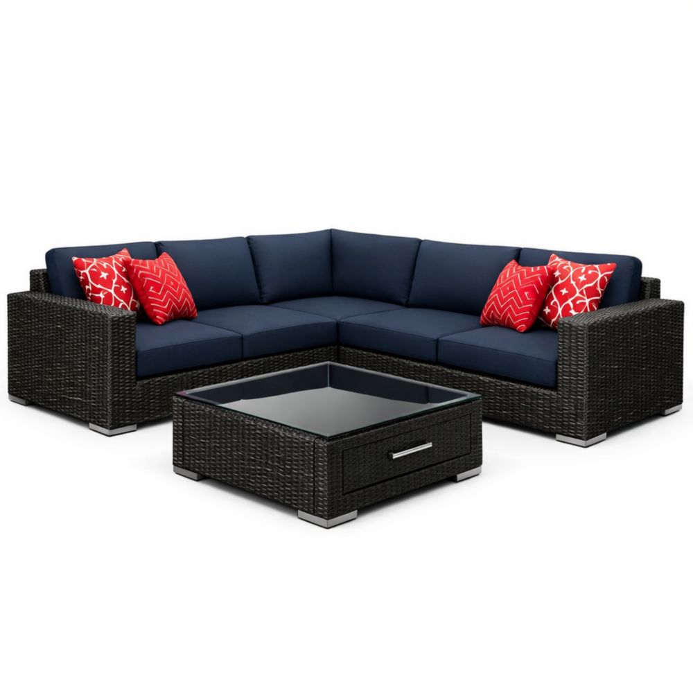 Outdoor Wicker Sectional Sofa Set with Cushions and Tempered Glass Table - Navy Blue and Black-Jardinic