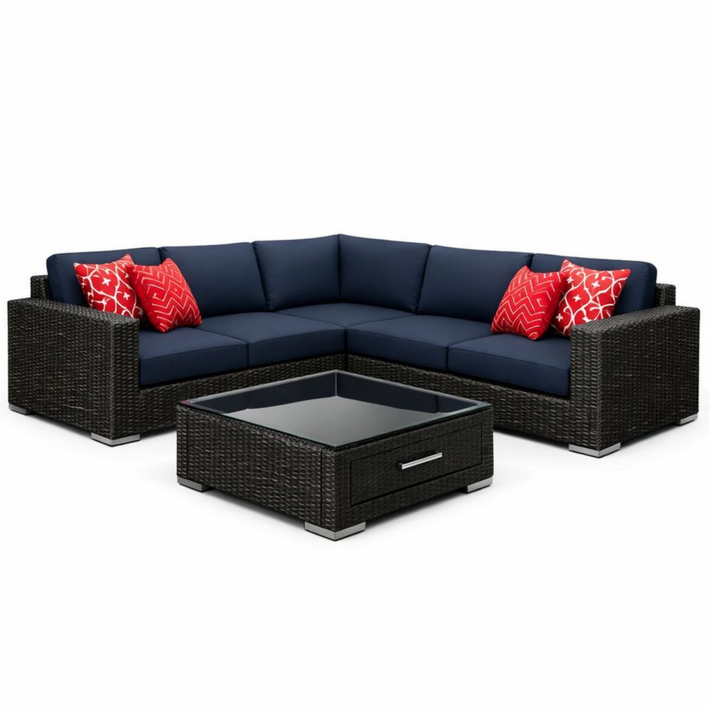 Outdoor Wicker Sectional Sofa Set with Cushions and Tempered Glass Table - Navy Blue and Black-Jardinic