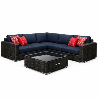 Outdoor Wicker Sectional Sofa Set with Cushions and Tempered Glass Table - Navy Blue and Black-Jardinic