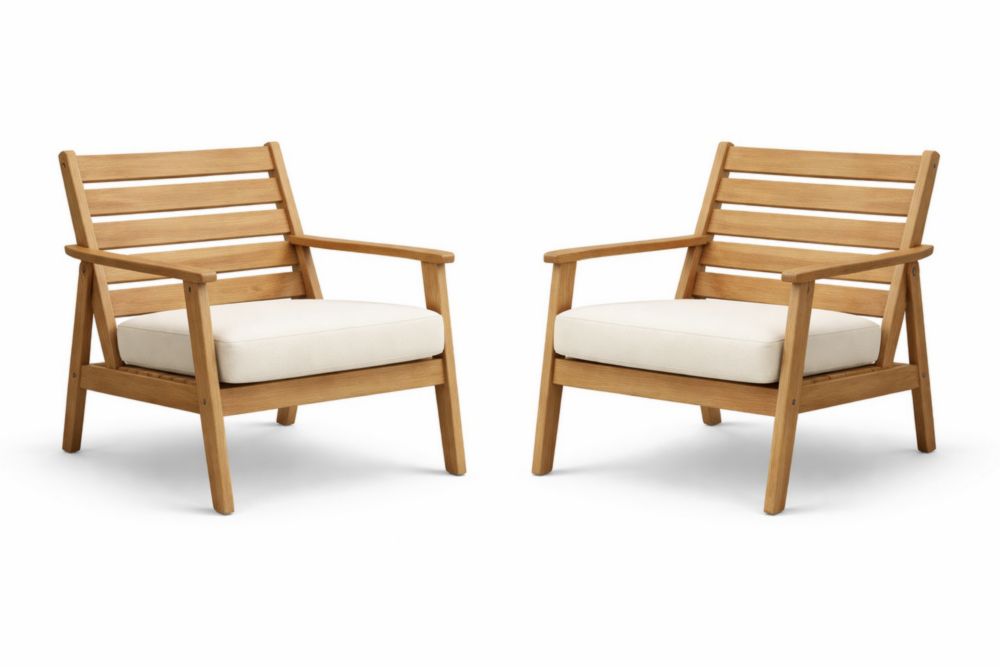 Set of 2 Outdoor Acacia Wood Armchairs with Beige Cushions-Jardinic