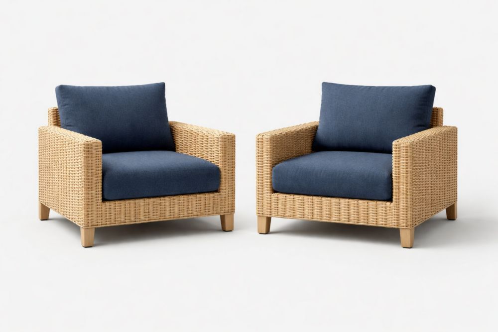 Rattan Armchair Set with Navy Cushions Wicker Lounge Chair-Jardinic
