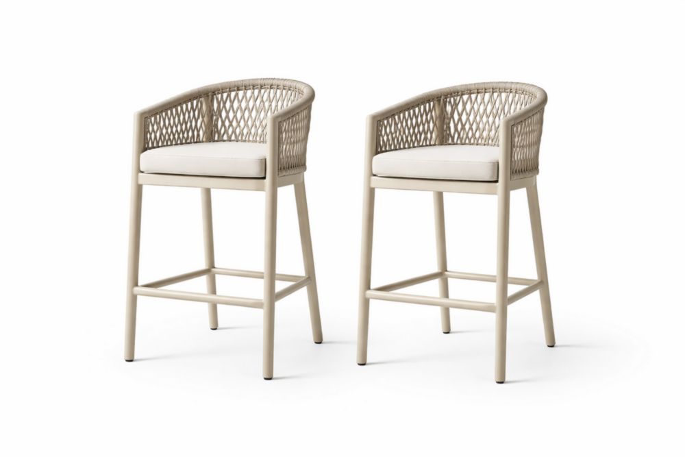 Set of 2 Beige Woven Back Bar Stools with Cushion and Metal Frame-Jardinic