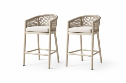 Set of 2 Beige Woven Back Bar Stools with Cushion and Metal Frame-Jardinic