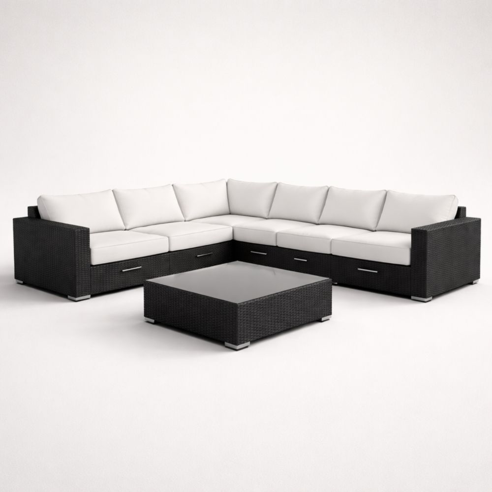 Wicker Sectional Sofa Set with Coffee Table Beige Cushions Black Brown-Homedaurora