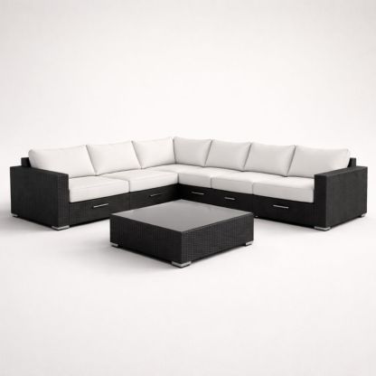 Wicker Sectional Sofa Set with Coffee Table Beige Cushions Black Brown-Homedaurora