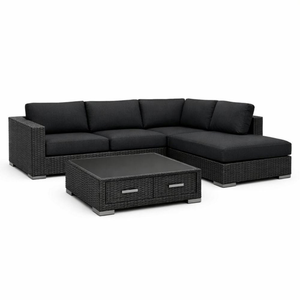 Outdoor Wicker Sectional Sofa Set with Cushioned Seats and Tempered Glass Coffee Table Black-Homedaurora
