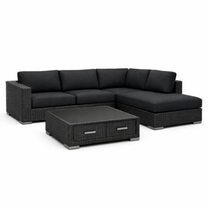 Outdoor Wicker Sectional Sofa Set with Cushioned Seats and Tempered Glass Coffee Table Black-Homedaurora