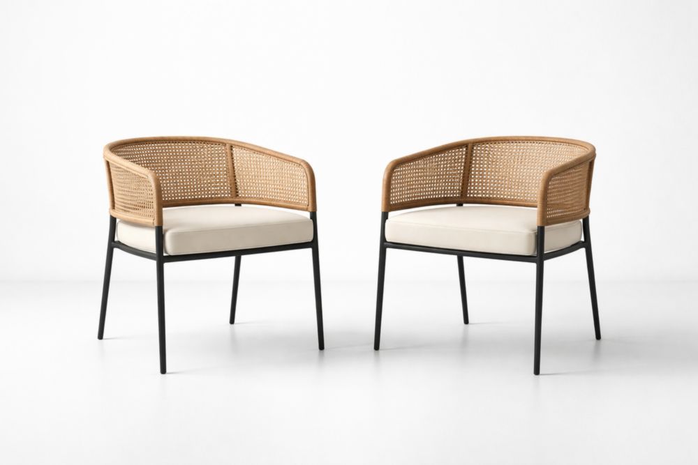 Set of 2 Rattan Armchairs with Cushions and Metal Frame Natural/Black-Homedaurora