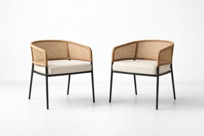 Set of 2 Rattan Armchairs with Cushions and Metal Frame Natural/Black-Homedaurora