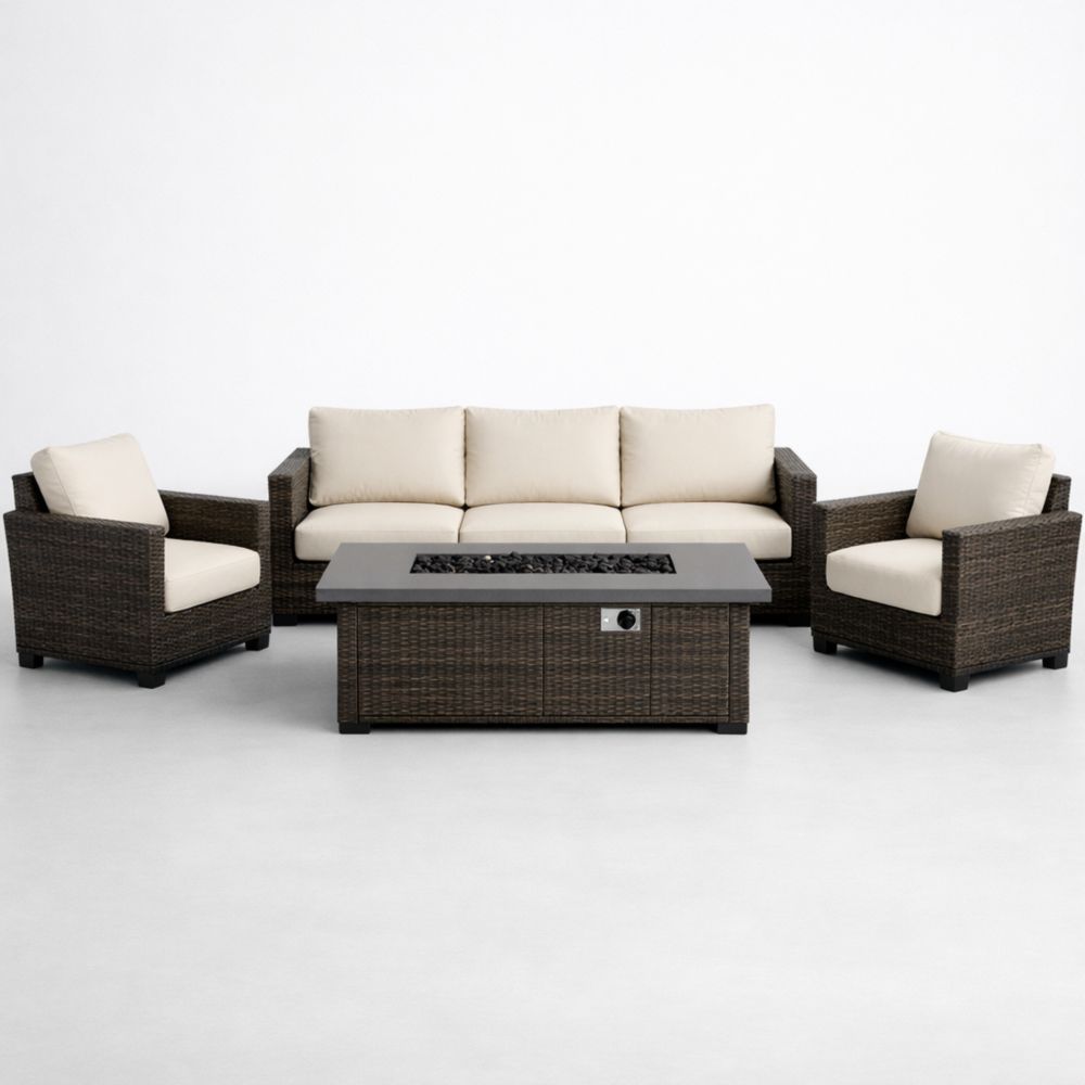 Outdoor Rattan Patio Sofa Set with Cushions and Fire Pit Table, Beige/Brown-Homedaurora